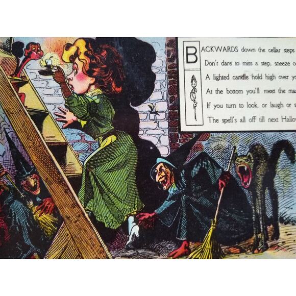 Halloween Postcard Nash Series 1073 Comic Witches Black Cat Spook Lady - Picture 1 of 6